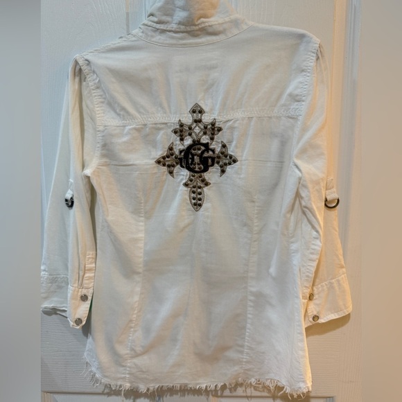 Vintage Guess Jeans White Snap Button Up Embroidered Cross Design moto goth - Picture 1 of 14